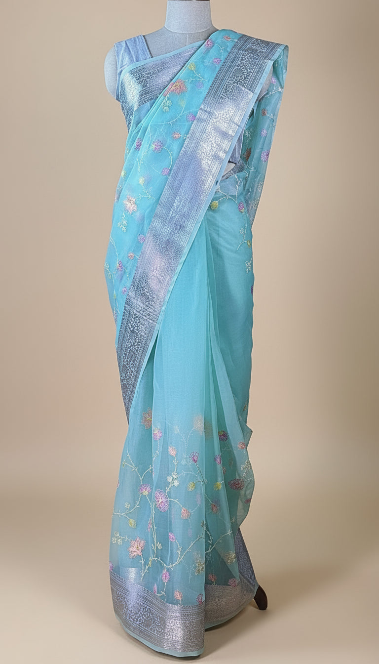 Aqua Blue Handloom Weave Saree with Floral Booti and Metallic Zari Border