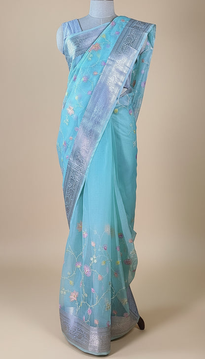 Aqua Blue Handloom Weave Saree with Floral Booti and Metallic Zari Border