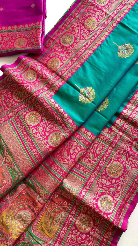 Premium Banarasi Katan Silk Saree in Teal and Hot Pink