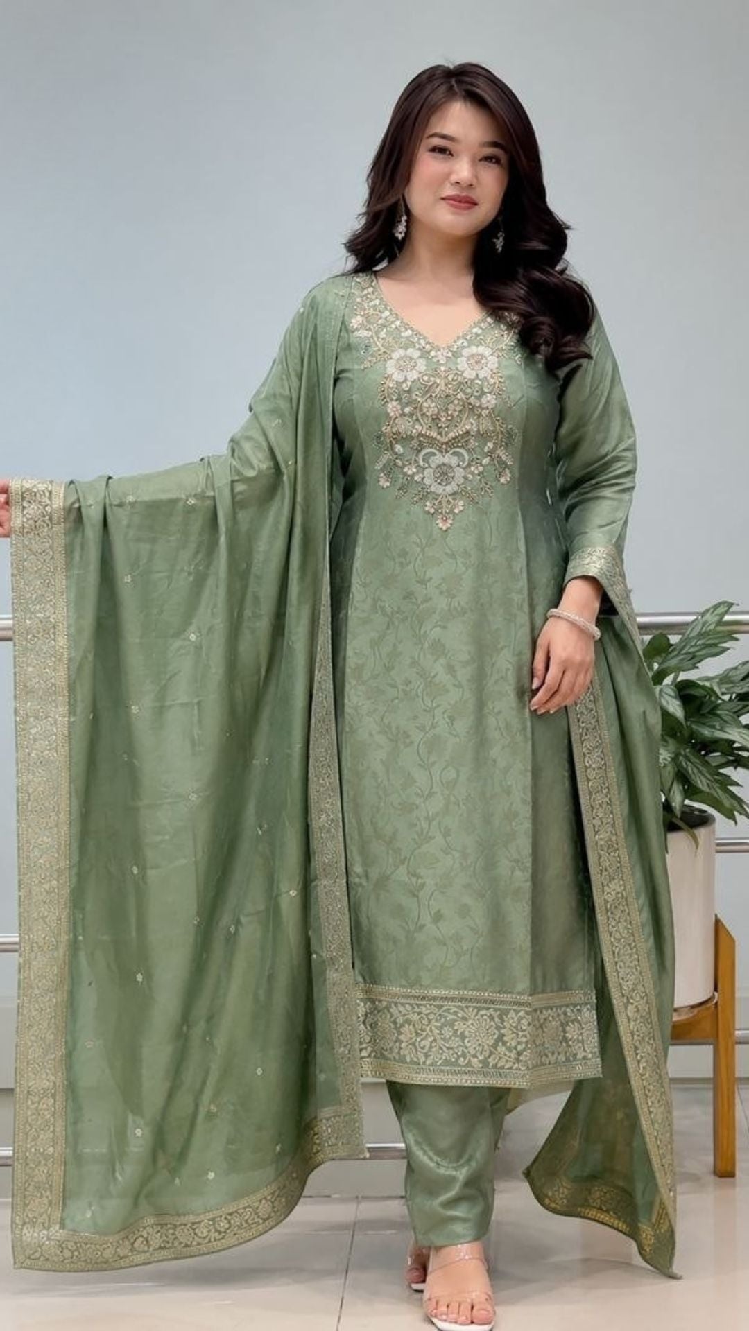 Women’s Designer Tissue Suit Set with Handwork Neck
