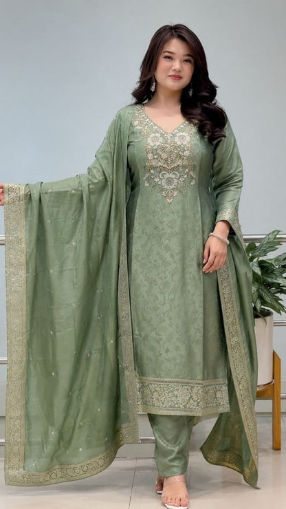 Women’s Designer Tissue Suit Set with Handwork Neck