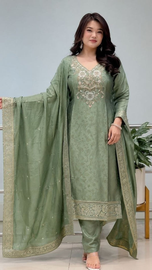 Women’s Designer Tissue Suit Set with Handwork Neck