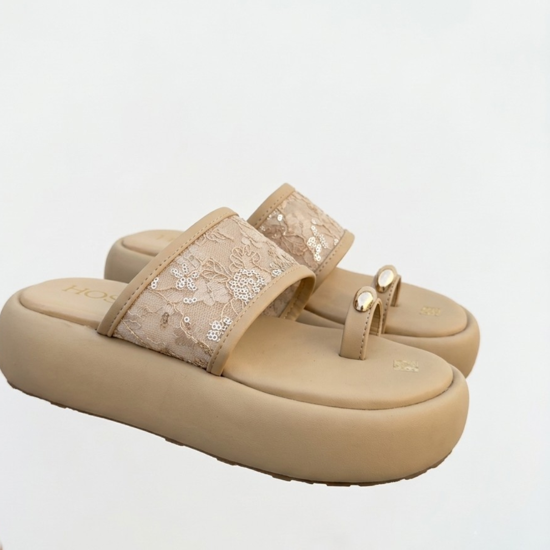 Women’s Beige Platform Sandals with Lace & Sequin Embellishment