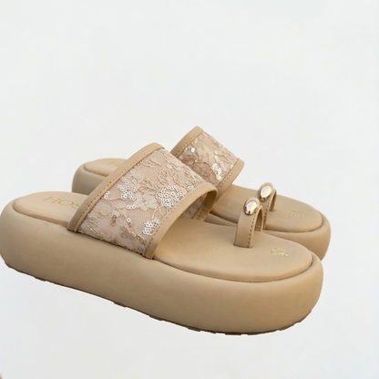 Women’s Beige Platform Sandals with Lace & Sequin Embellishment