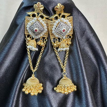 Kashmiri Antique Brass Long Chain Earrings with Pearl Detailing