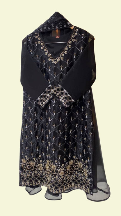 Black Embroidered Kurti Palazzo Set with Dupatta for Women