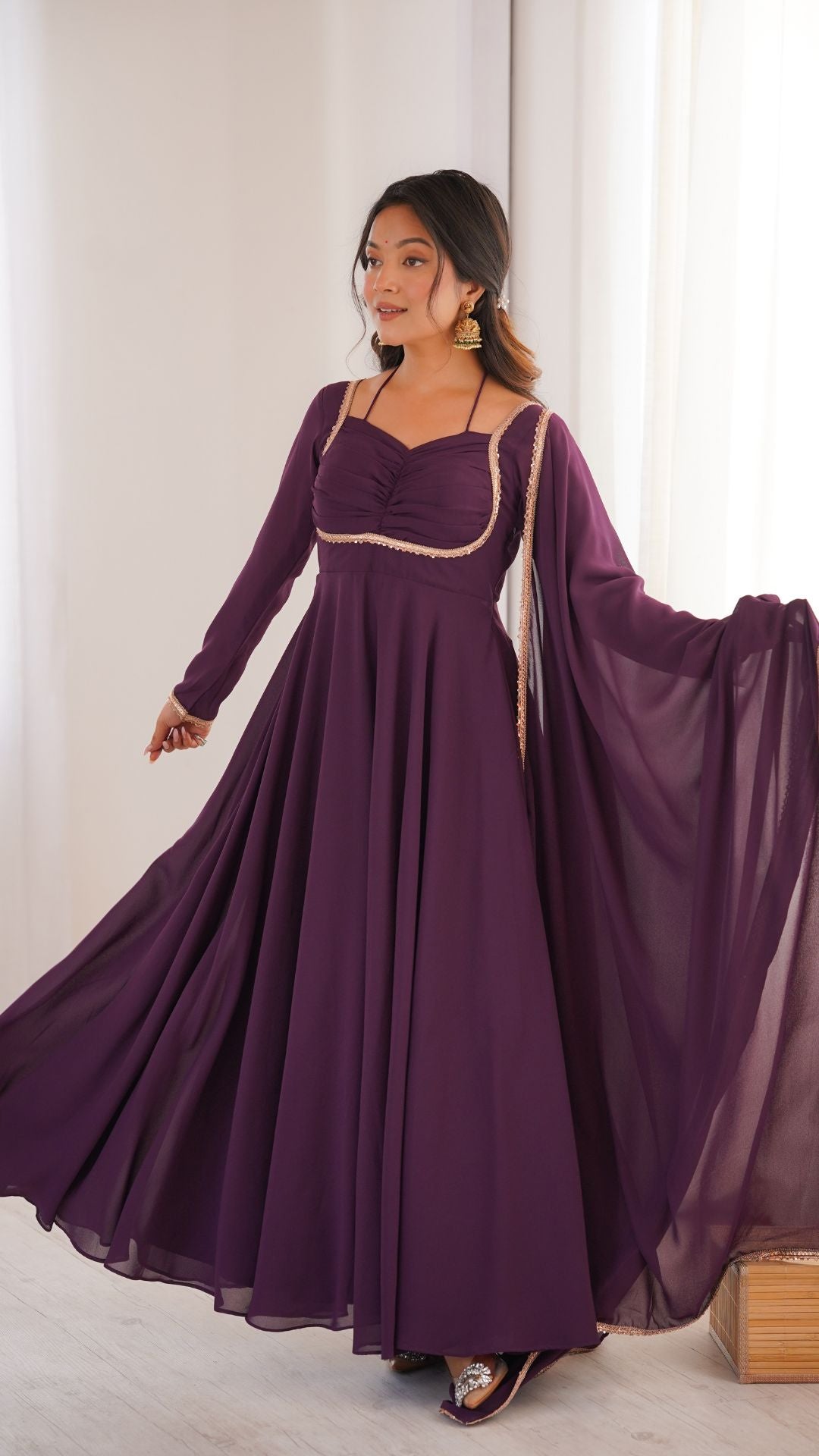 Wine Purple Georgette Anarkali Gown Set for Women