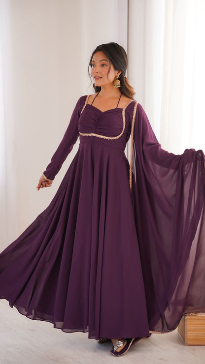 Wine Purple Georgette Anarkali Gown Set for Women