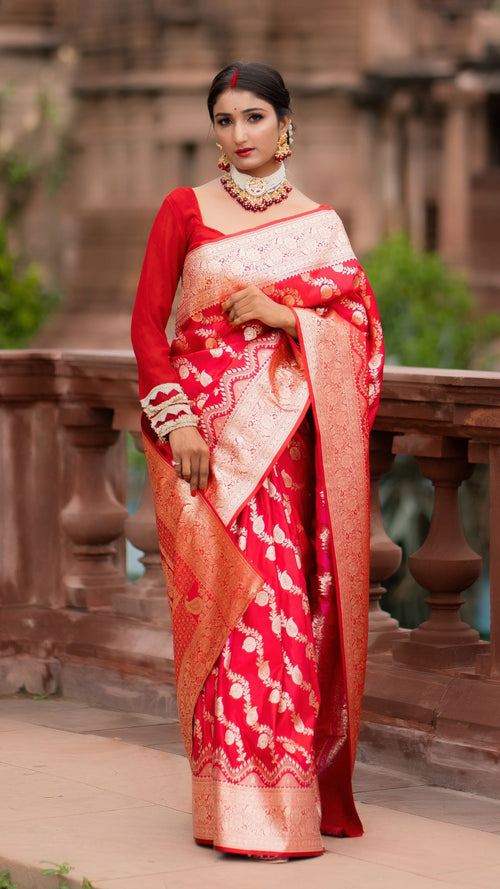 Durga Puja Special Red Banarasi Katan Silk Saree