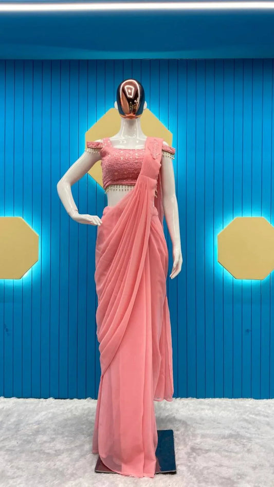 Blush Petal Ready-to-Wear Georgette Saree Set - Baranashe - Blush Petal Ready-to-Wear Georgette Saree Set