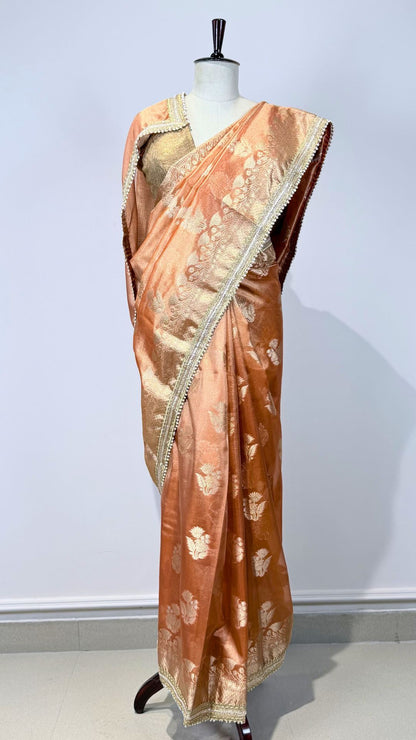 Orange Tissue Saree with Moti Lace Border