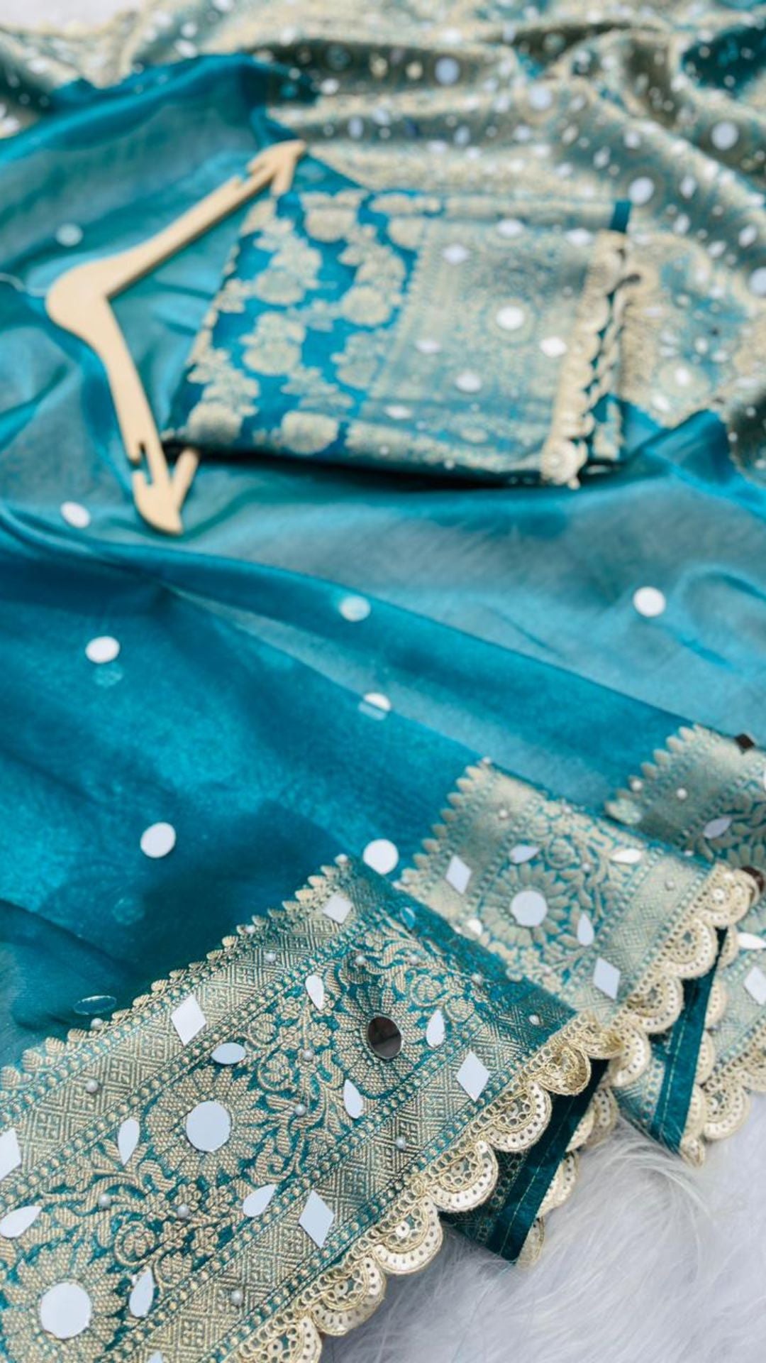 Royal Blue Tissue Saree with Heavy Mirror Work