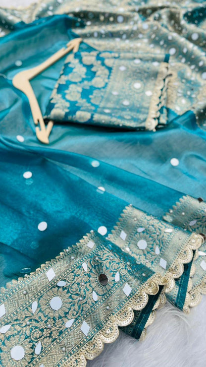 Royal Blue Tissue Saree with Heavy Mirror Work