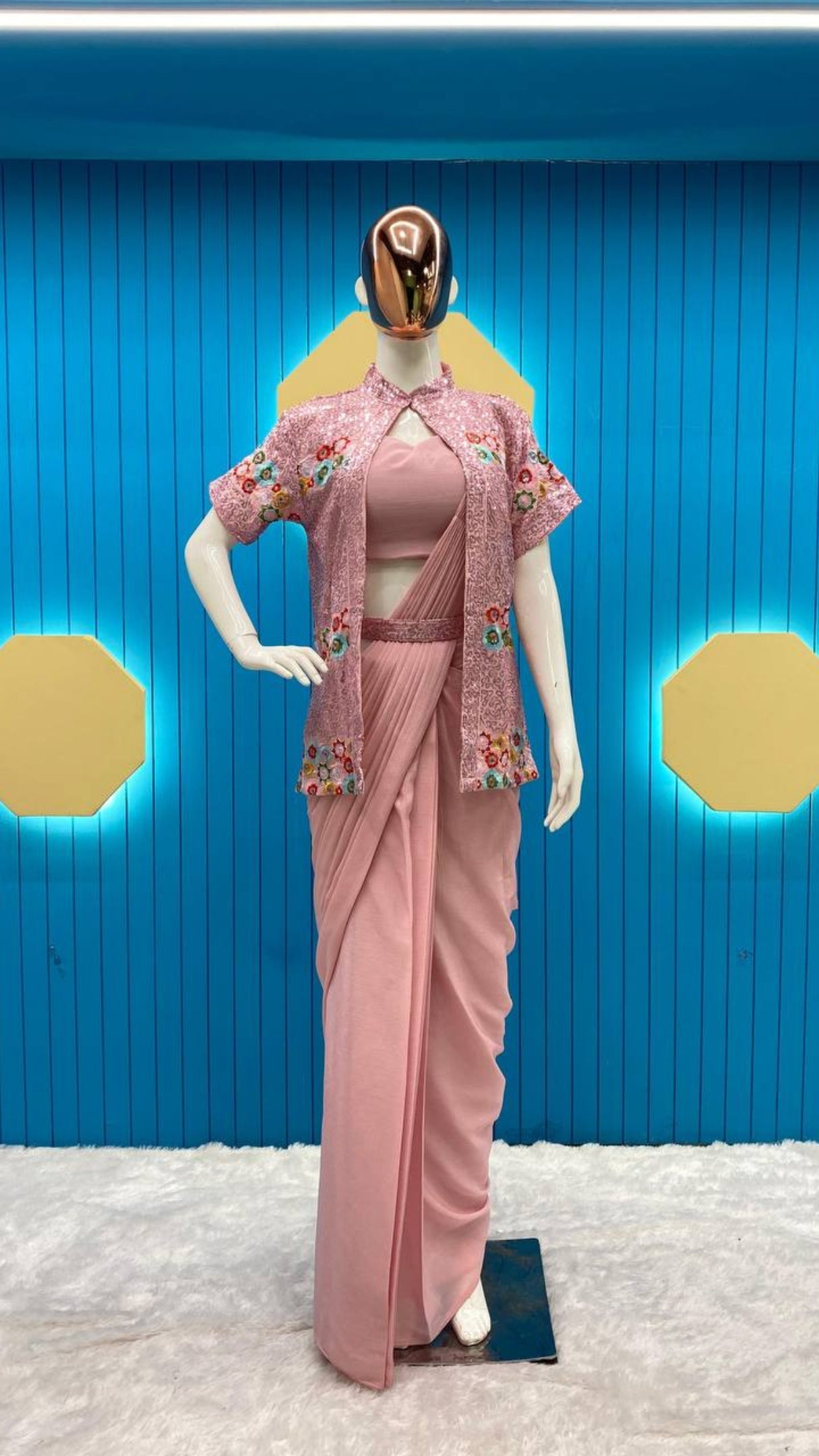 Pink Chinon Silk Saree with Embroidered Half Sleeve Koti