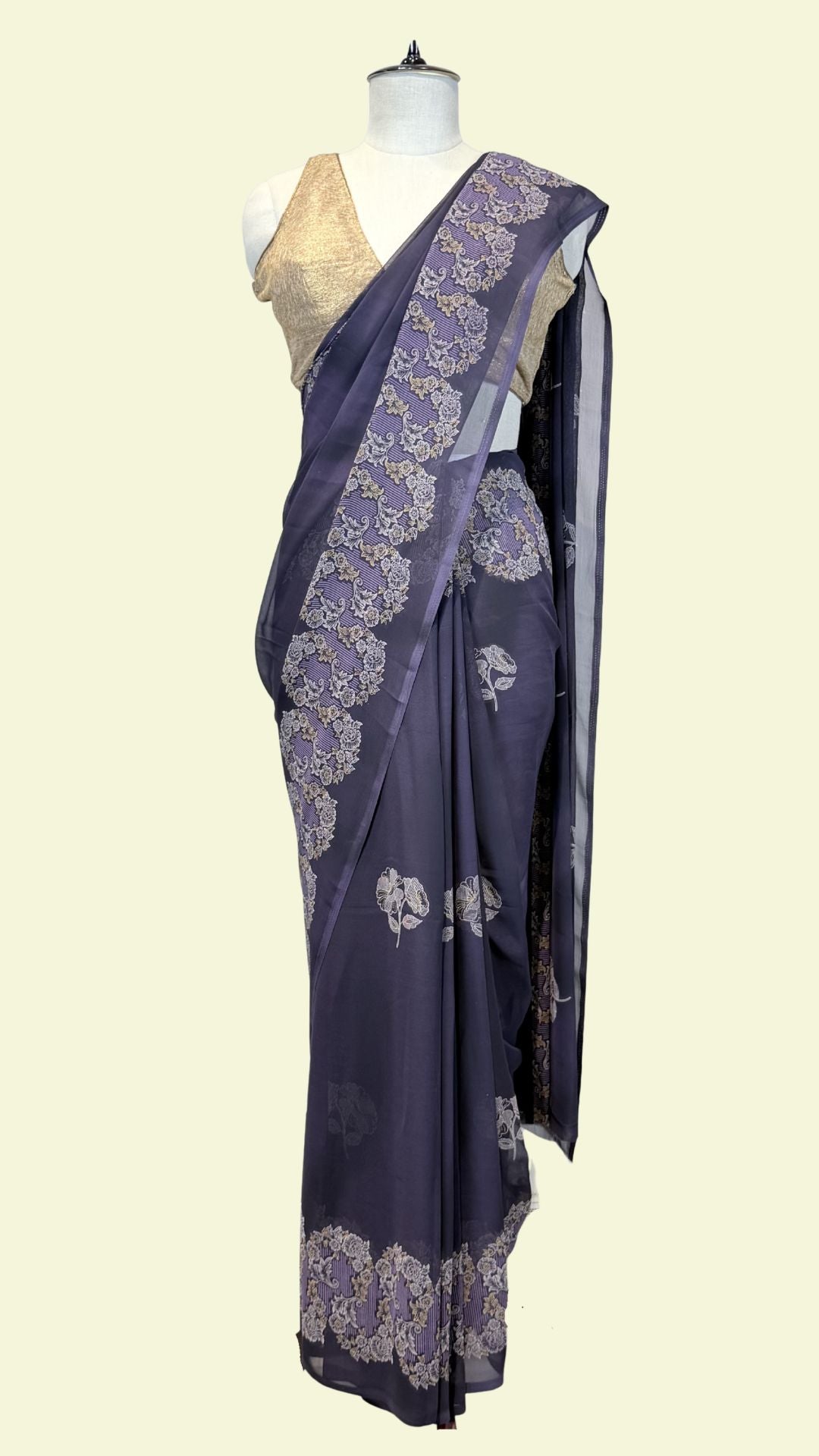 Midnight Blue Synthetic Printed Saree
