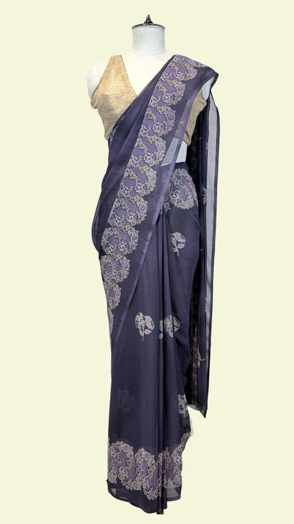 Midnight Blue Synthetic Printed Saree