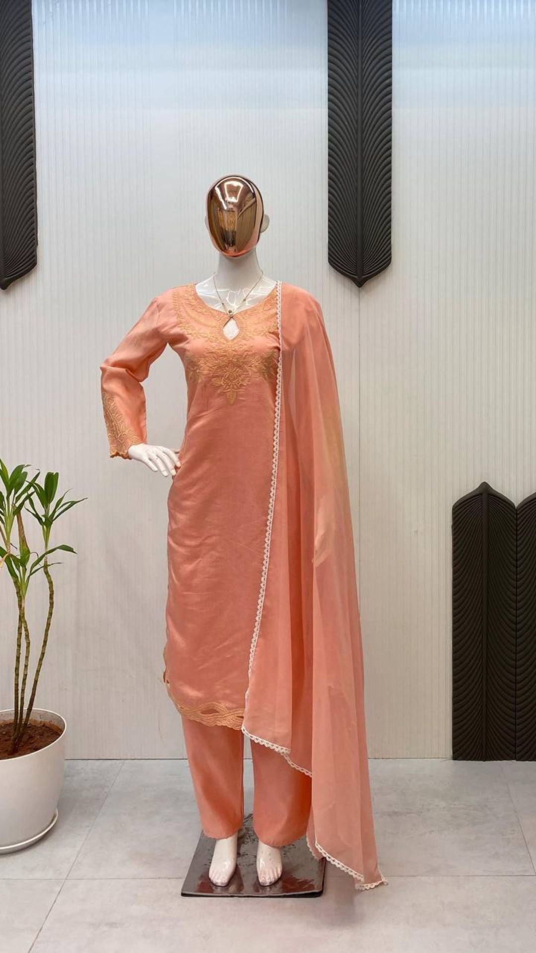 Elegant Roman Silk Embroidered Kurta Set with Pant & Dupatta (3-Piece Set)