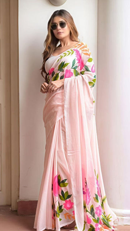 Soft Pink Floral Linen Cotton Saree with Designer Blouse