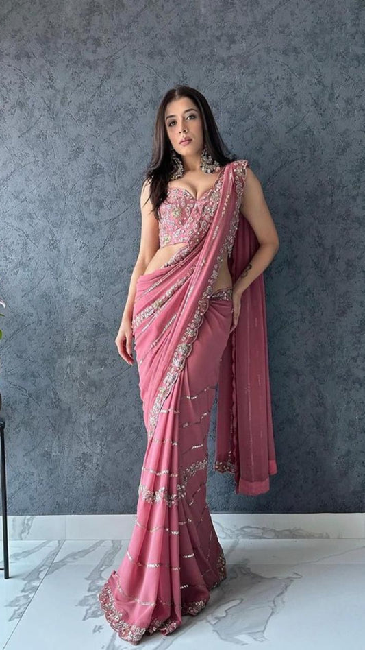 Pink Georgette C-Pallu Saree with Cut-Work