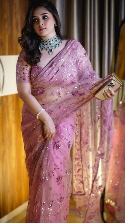 Pink Designer Party Wear Saree with Heavy Sequin Embroidery Work on Butterfly Net Fabric