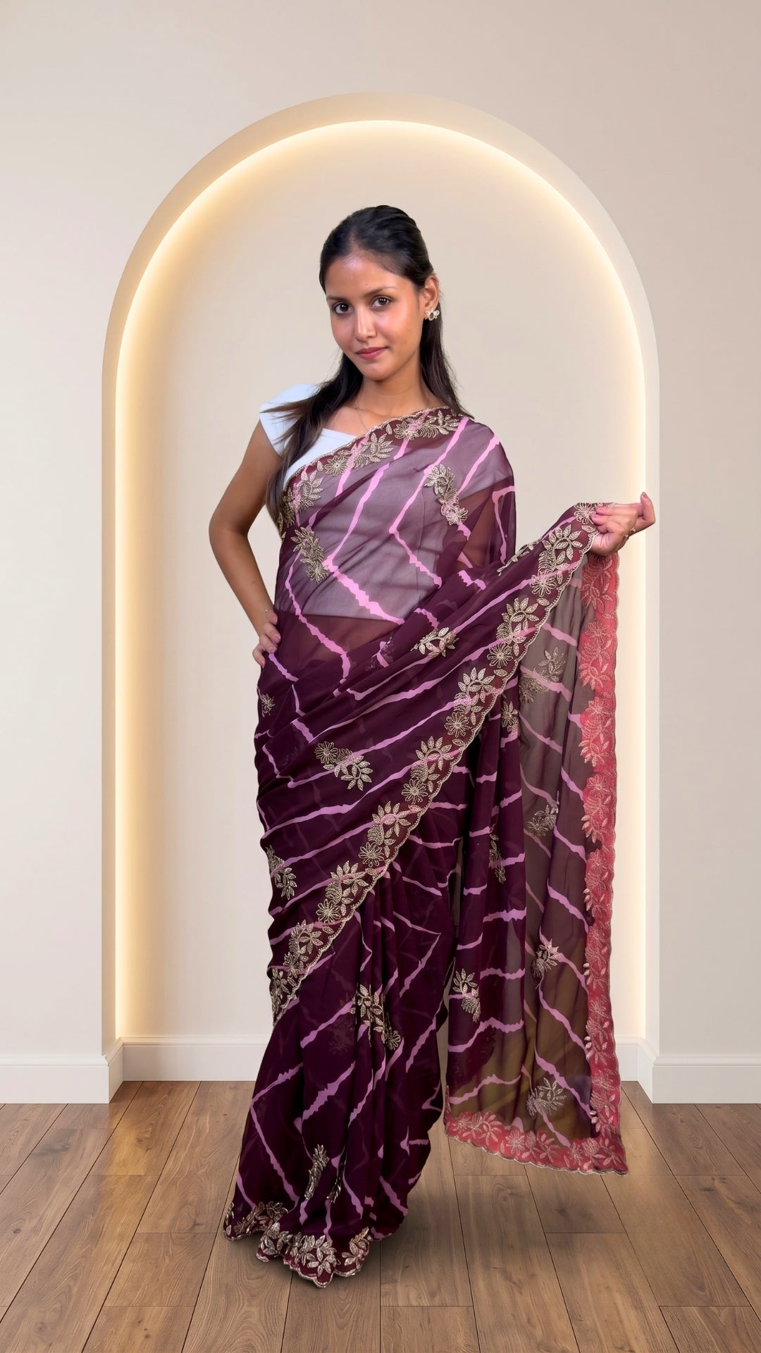 Deep Wine Leheriya Print Embellished Chiffon Saree
