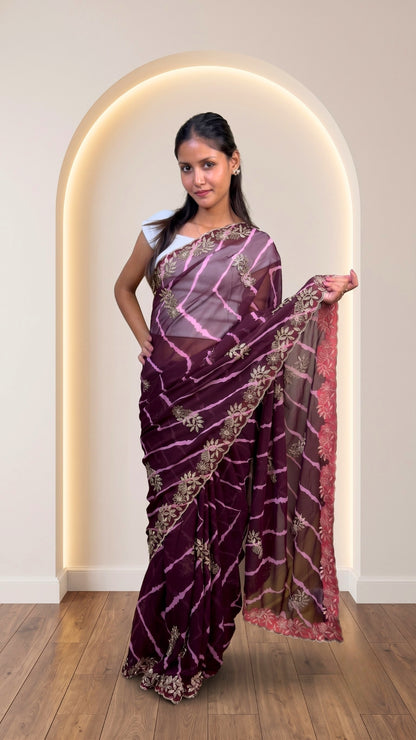 Deep Wine Leheriya Print Embellished Chiffon Saree
