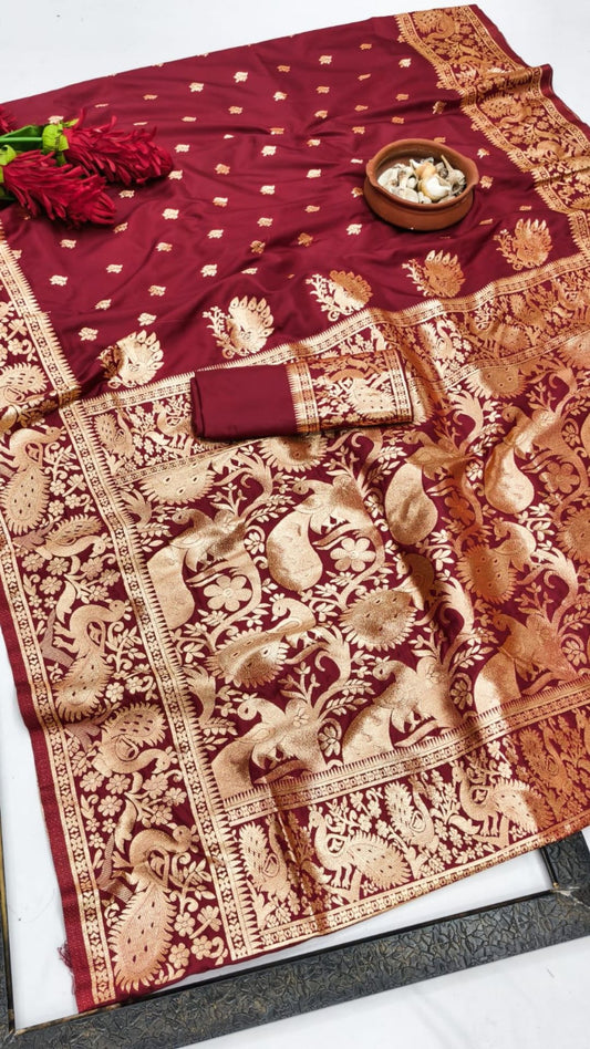 Wine Red Banarasi Silk Saree with Antique Gold Zari Weaving & Peacock Border