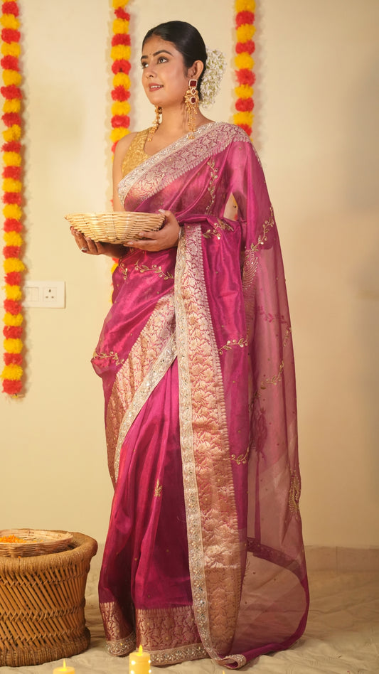 Radiant Fuchsia & Silver Hand-Embroidered Pure  Tissue Saree