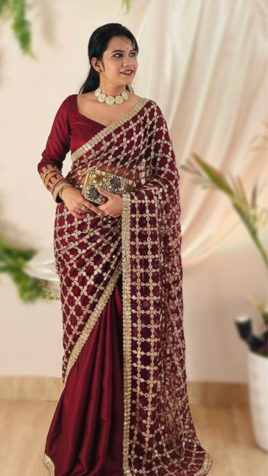 Wine Mirror Work Satin Silk Saree with Designer Blouse