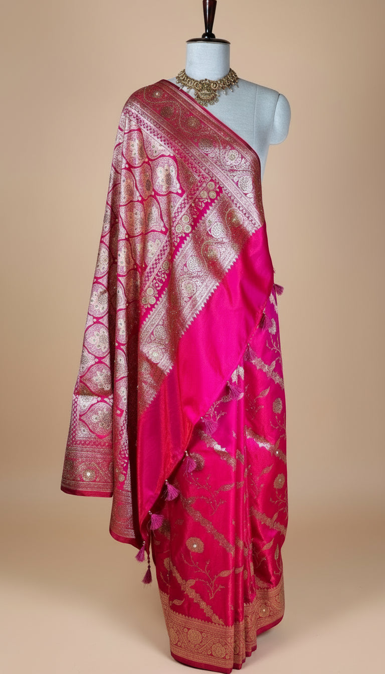 Elegant Pink Banarasi katan Silk Saree with Gold Zari Floral Embroidery & Tassel Pallu