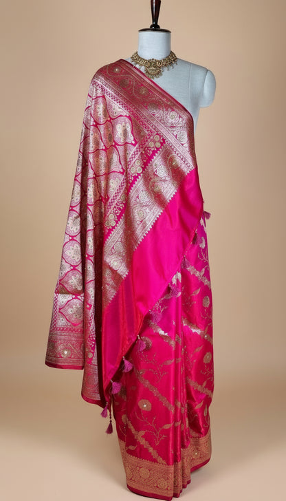 Elegant Pink Banarasi katan Silk Saree with Gold Zari Floral Embroidery & Tassel Pallu