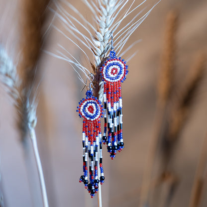 Handwoven Multi-Color Seed Bead Earrings with Glass Nalki – White, Navy Blue, and Cherry Red Fusion