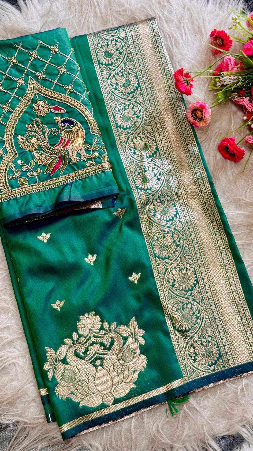 Emerald Green Paithani Silk Saree with Peacock Motifs & Aari Blouse