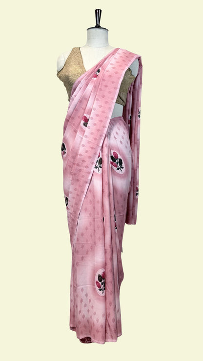 Pink Floral Printed Synthetic Saree