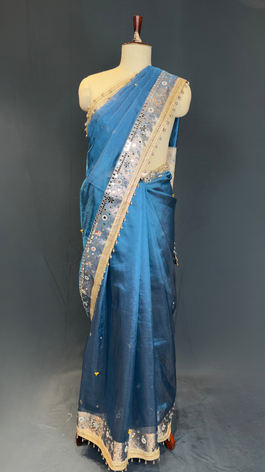 Blue Tissue Ghungroo Mirror Work Saree