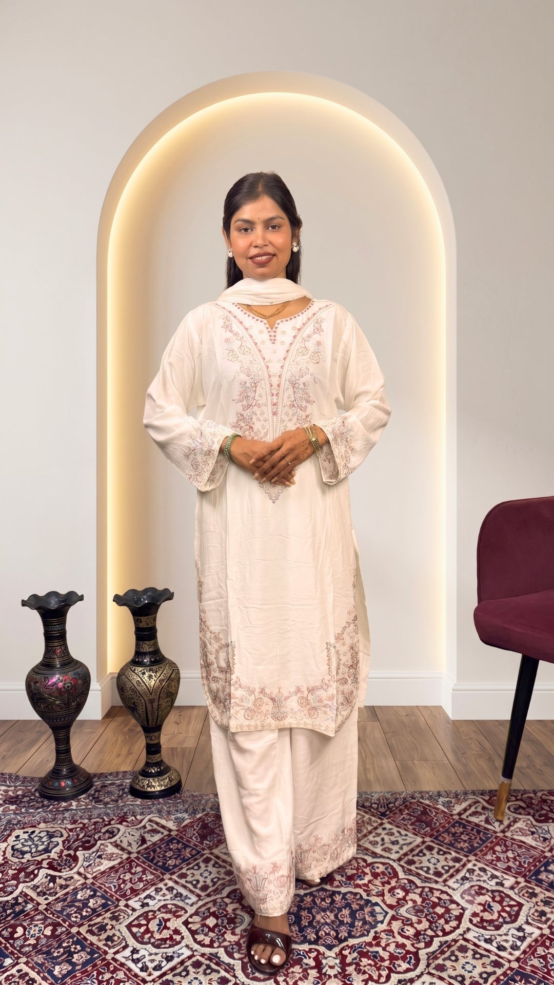 Women’s White Cotton Embroidered 3 Piece Kurta Pant Dupatta Set