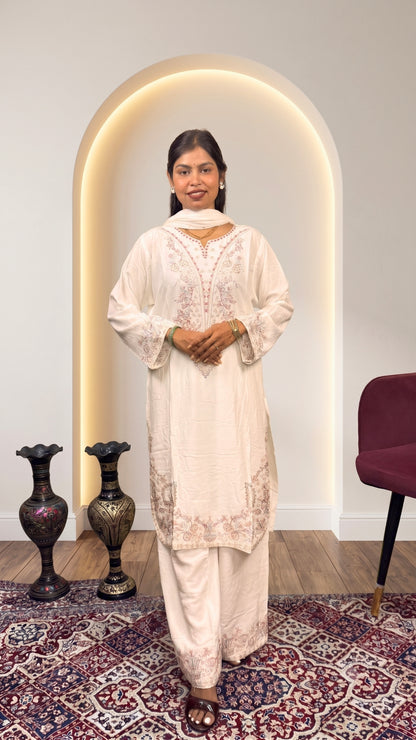 Women’s White Cotton Embroidered 3 Piece Kurta Pant Dupatta Set