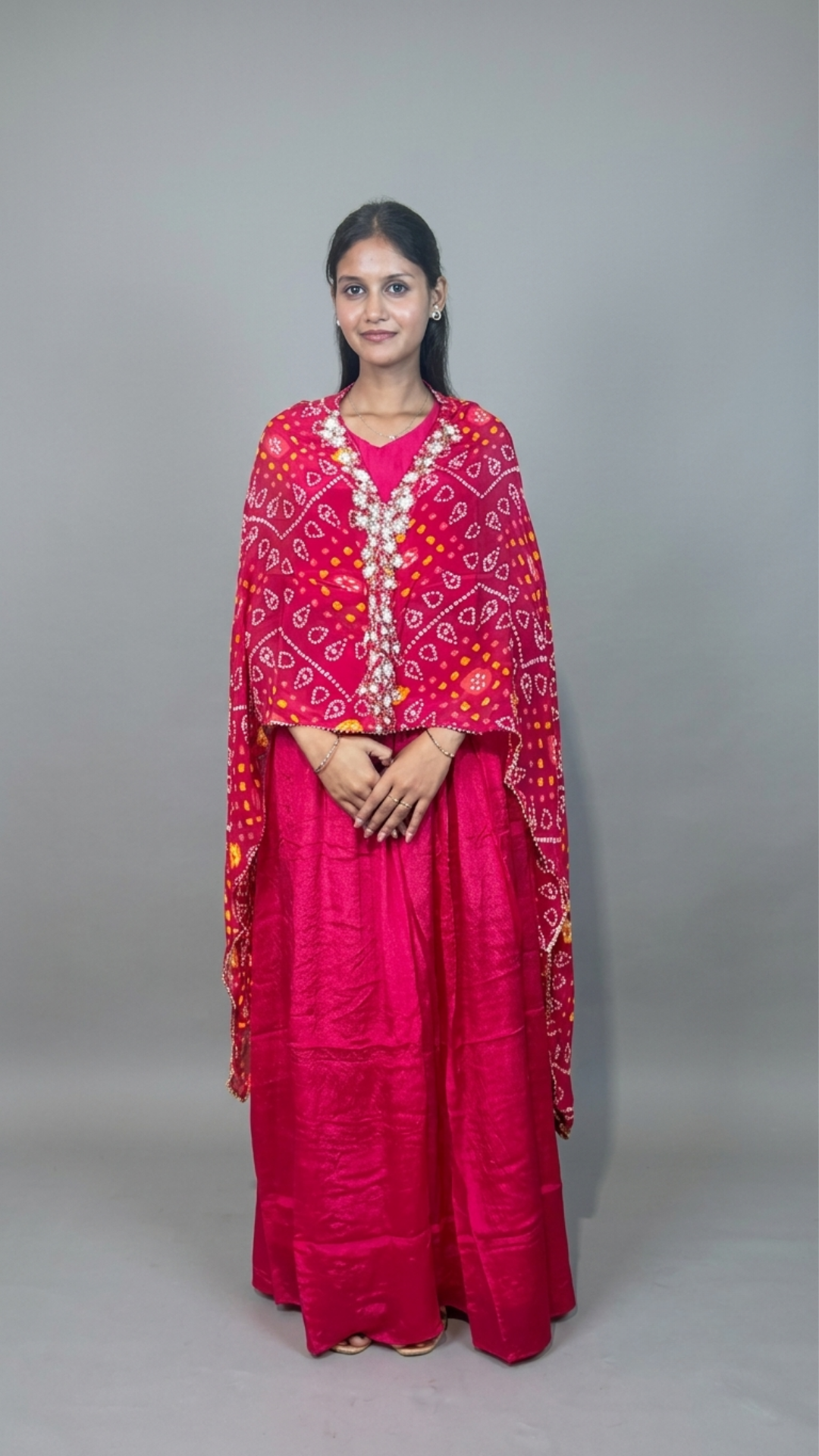 Banarashe Women’s Hot Pink Bandhani Printed Dupatta with Embroidered Border & Flared Ethnic Set