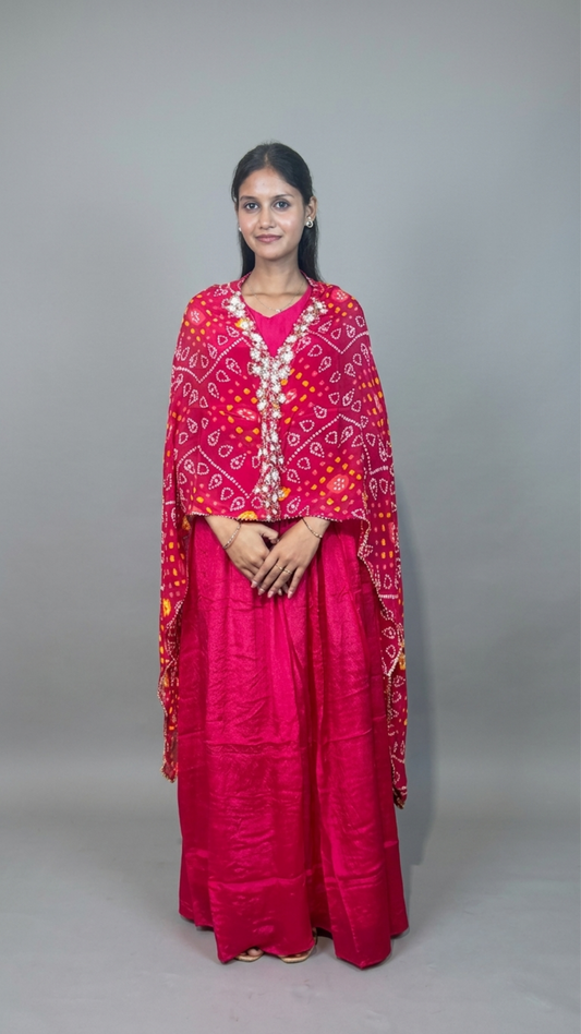 Banarashe Women’s Hot Pink Bandhani Printed Dupatta with Embroidered Border & Flared Ethnic Set