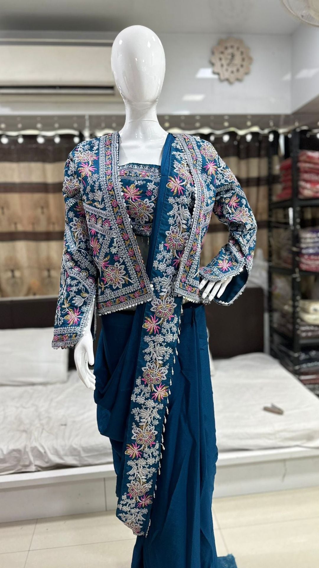 Royal Teal Embroidery Cording Ready-to-Wear Saree with Designer Full Koti