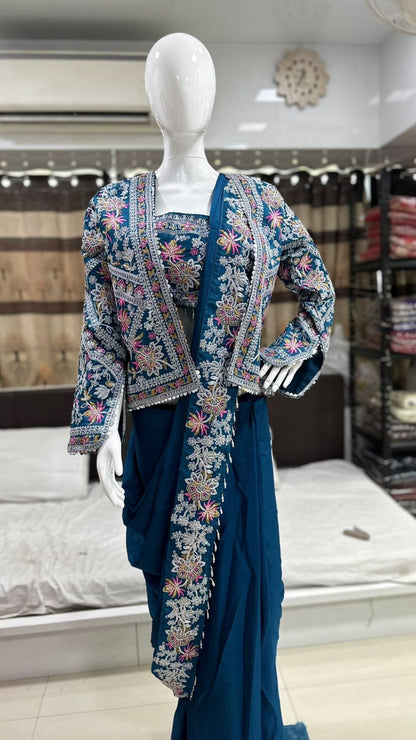 Royal Teal Embroidery Cording Ready-to-Wear Saree with Designer Full Koti