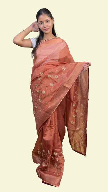 Peach Copper Embroidered Organza Saree