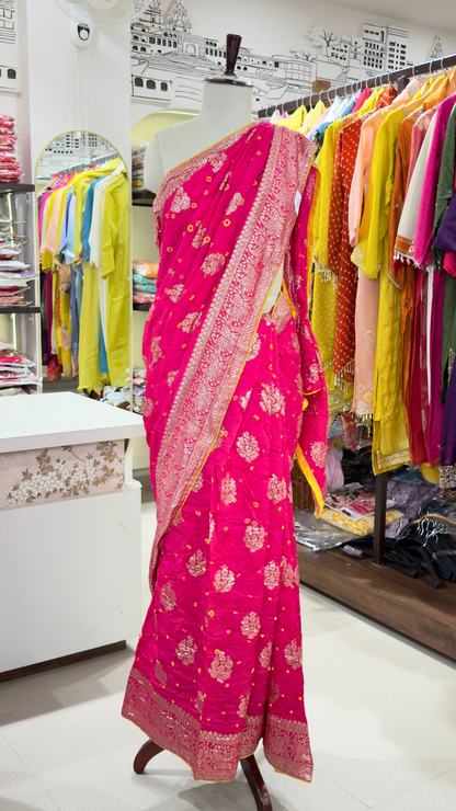Banarashe Women’s Hot Pink Saree with Golden Floral Motifs & Paisley Woven Border