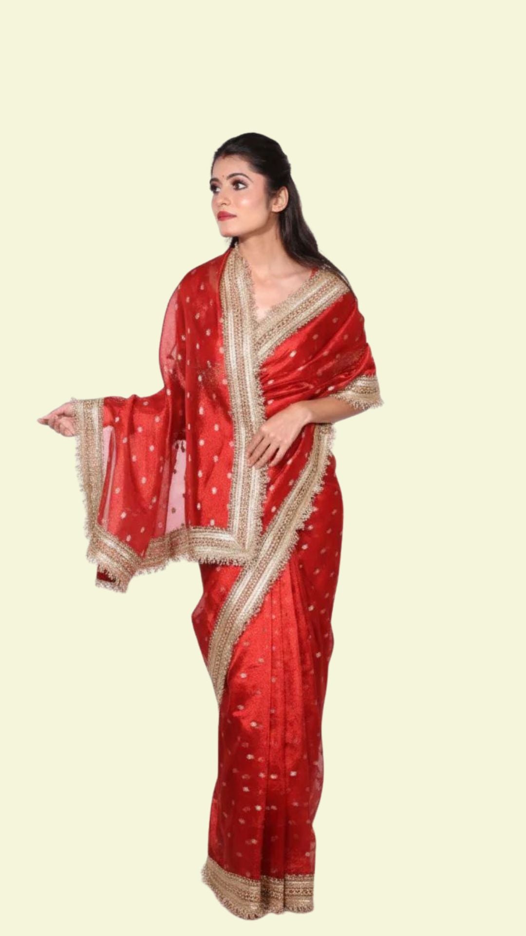 Royal Red Banarasi Soft Tissue Silk Saree with Gold Buti & Triple Lace Border