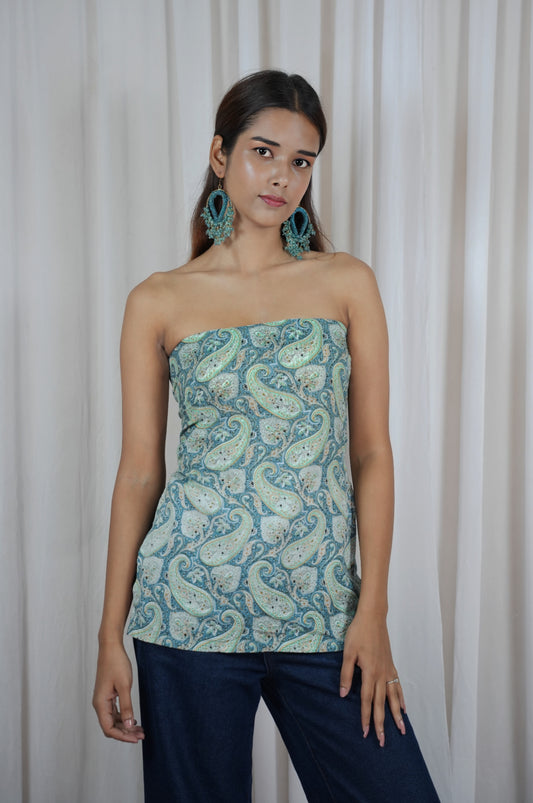 Women's Teal Green Paisley Print Strapless Tube Cotton Top