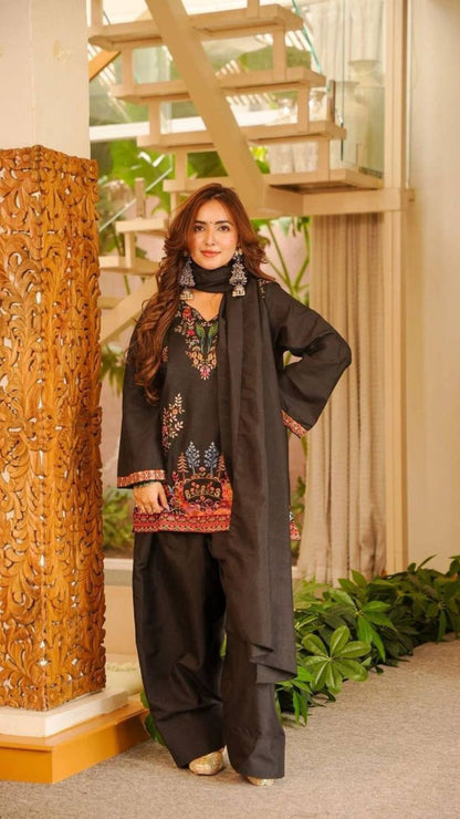 Black Printed Salwar Suit with Dupatta for Women