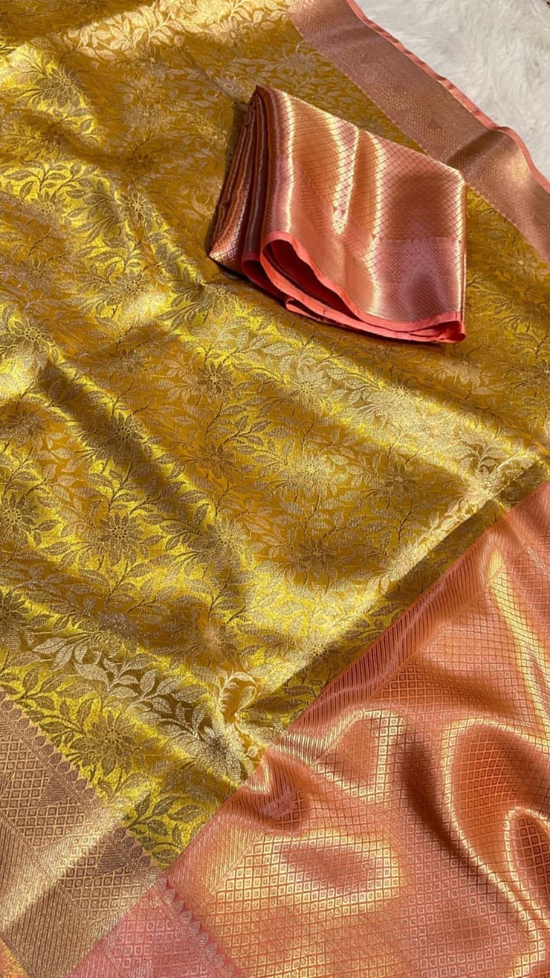Premium Gold Banarasi Tissue Saree with Contrast Zari Tanchui Weaving & Brocade Blouse
