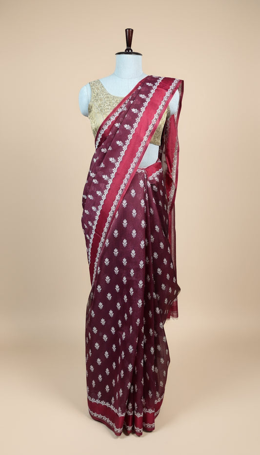 Elegant Maroon Georgette Saree with White Boota Work