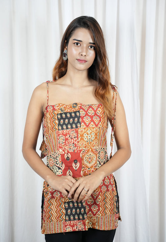 Women's Ethnic Patchwork Print Spaghetti Strap Tunic Top