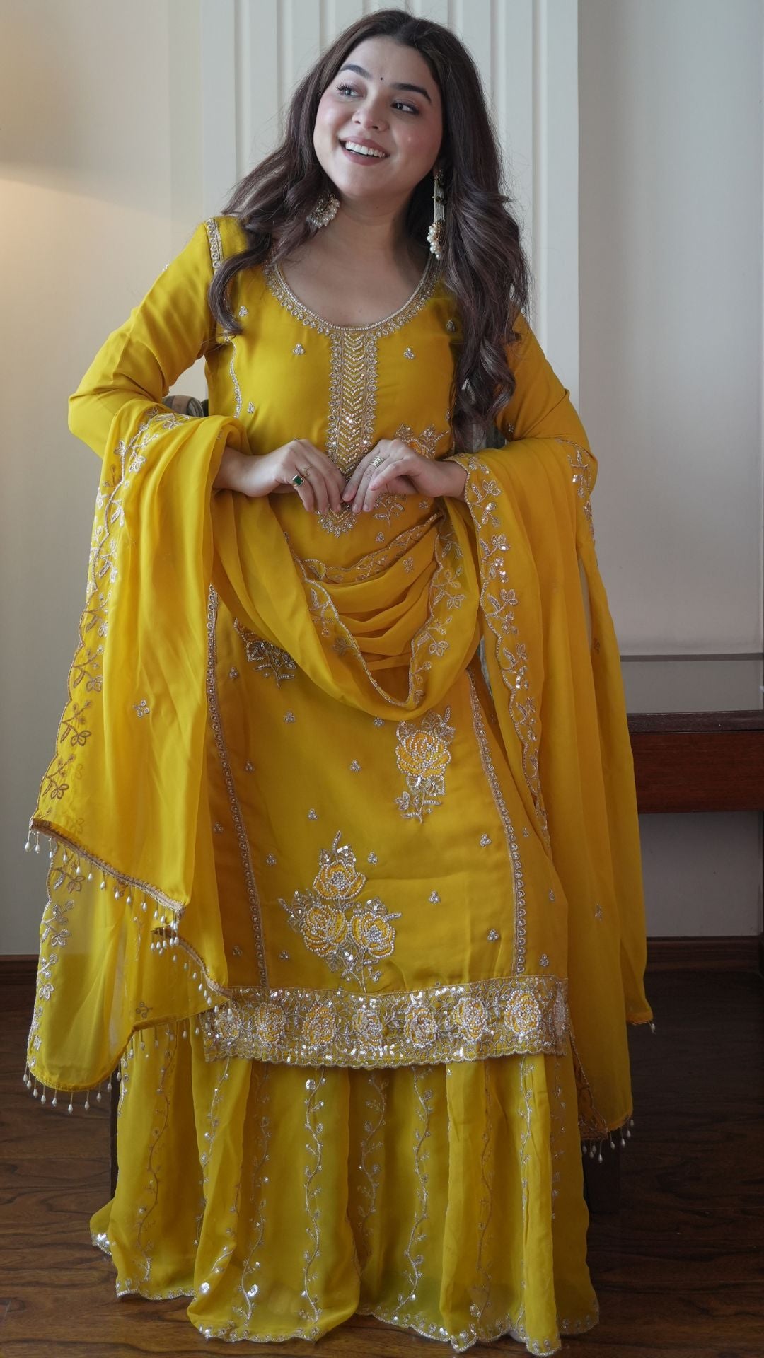 Women’s Yellow Embroidered Gharara Suit Set with Dupatta for Wedding & Festive Wear